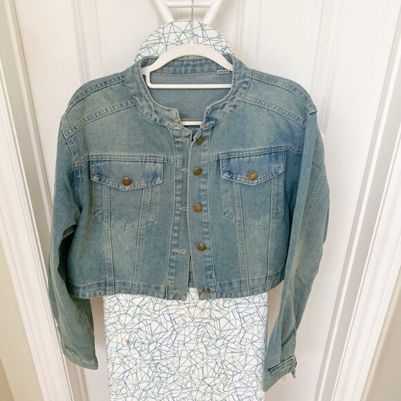 Women’s Cropped Button Front Denim Jacket Blue Jean Coat Vintage Style - Picture 2 of 6